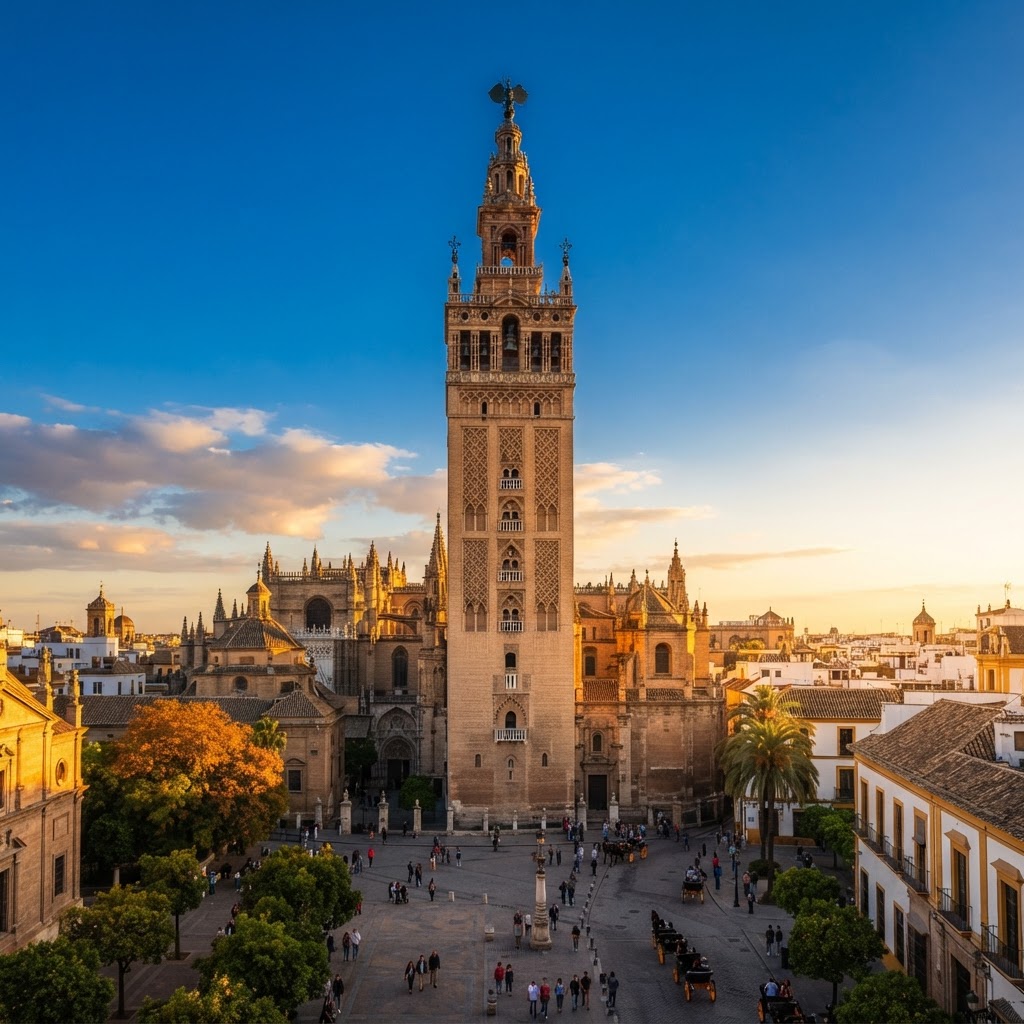 The Giralda tower bathed in the warm glow of the setting sun.