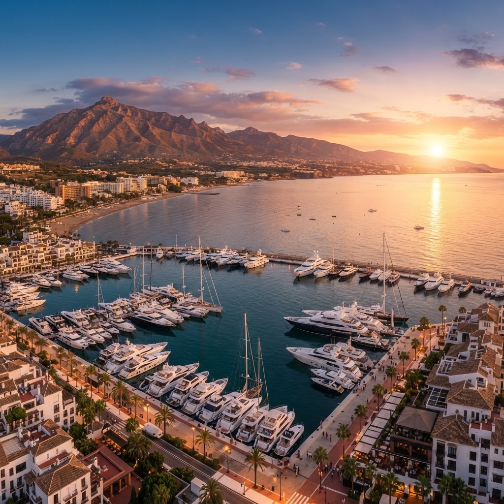 Marbella's coastline bathed in the golden hues of sunset.