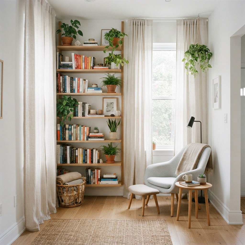 Utilizing vertical storage keeps floor space clear in smaller apartments.