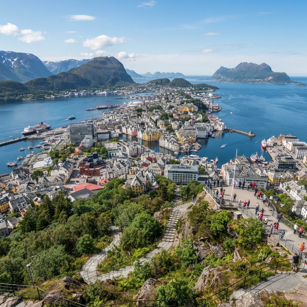 The famous panoramic view of Ålesund from Mount Aksla.