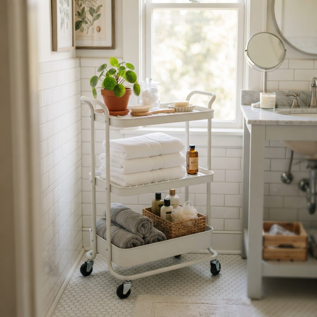 A rolling cart adds flexible storage to a small bathroom.