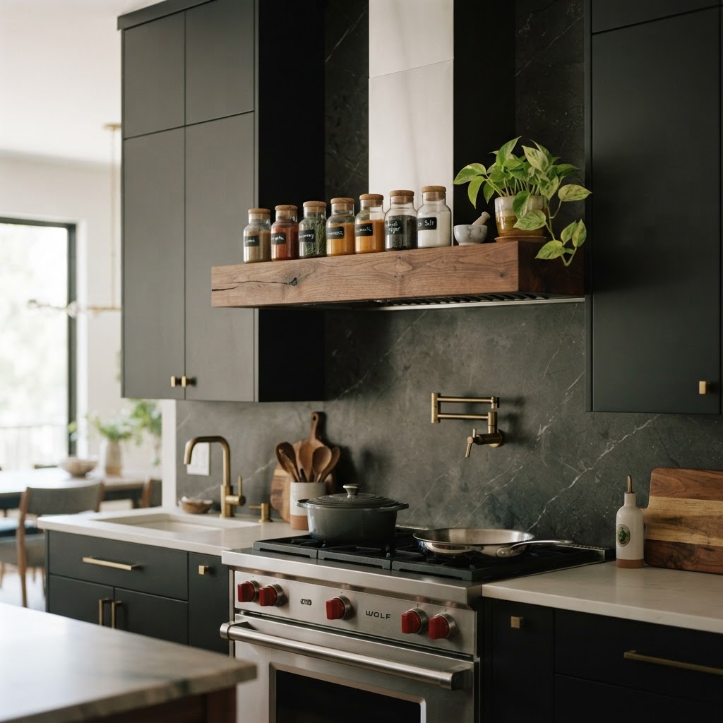 Maximize your above-stove area with a stylish floating shelf.