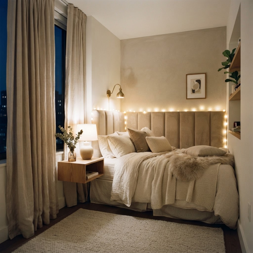 A sophisticated, monochrome color scheme creates a serene and luxe atmosphere.