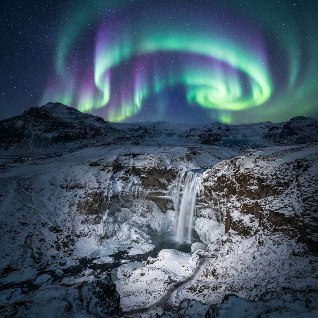 Best Places to See the Northern Lights: A Travel Guide 2 The magical green lights of the Aurora over an Icelandic waterfall.