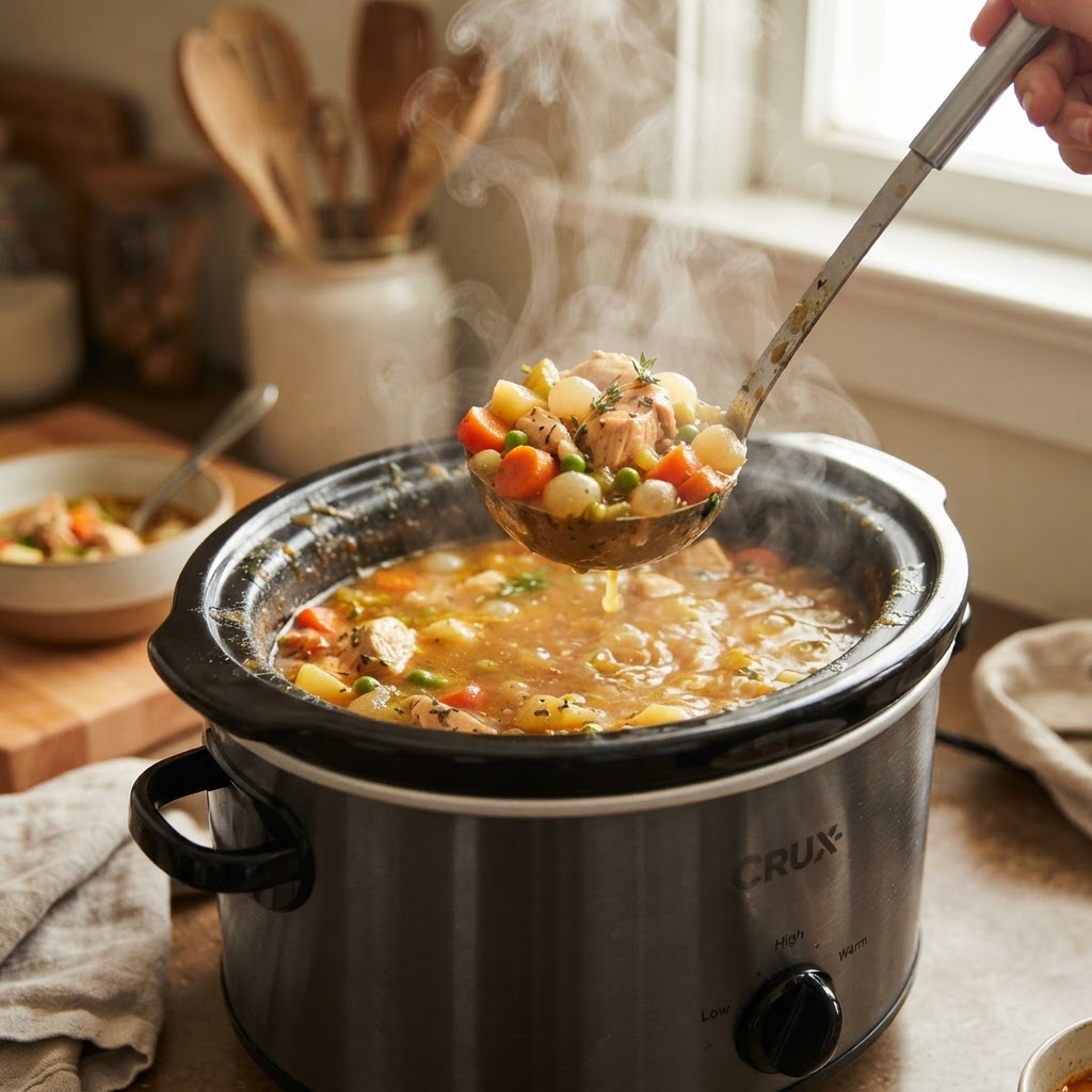 Ladle serving hot chicken stew from the slow cooker.