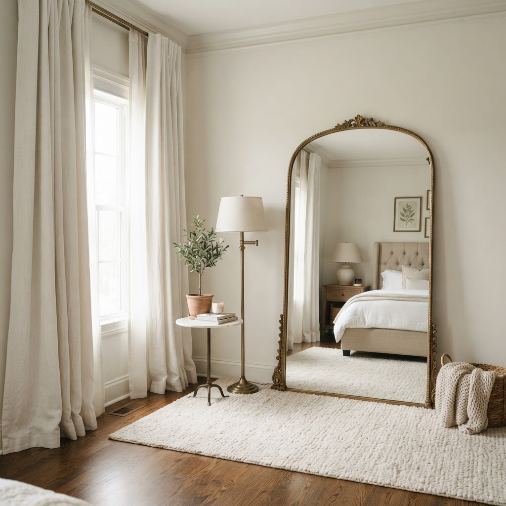 Floor-to-ceiling curtains and mirrors make rooms feel larger and more luxurious.