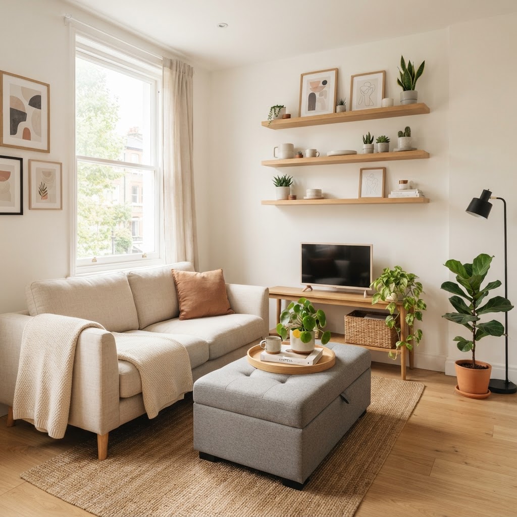 Maximize your living area with multi-functional furniture and wall shelving.