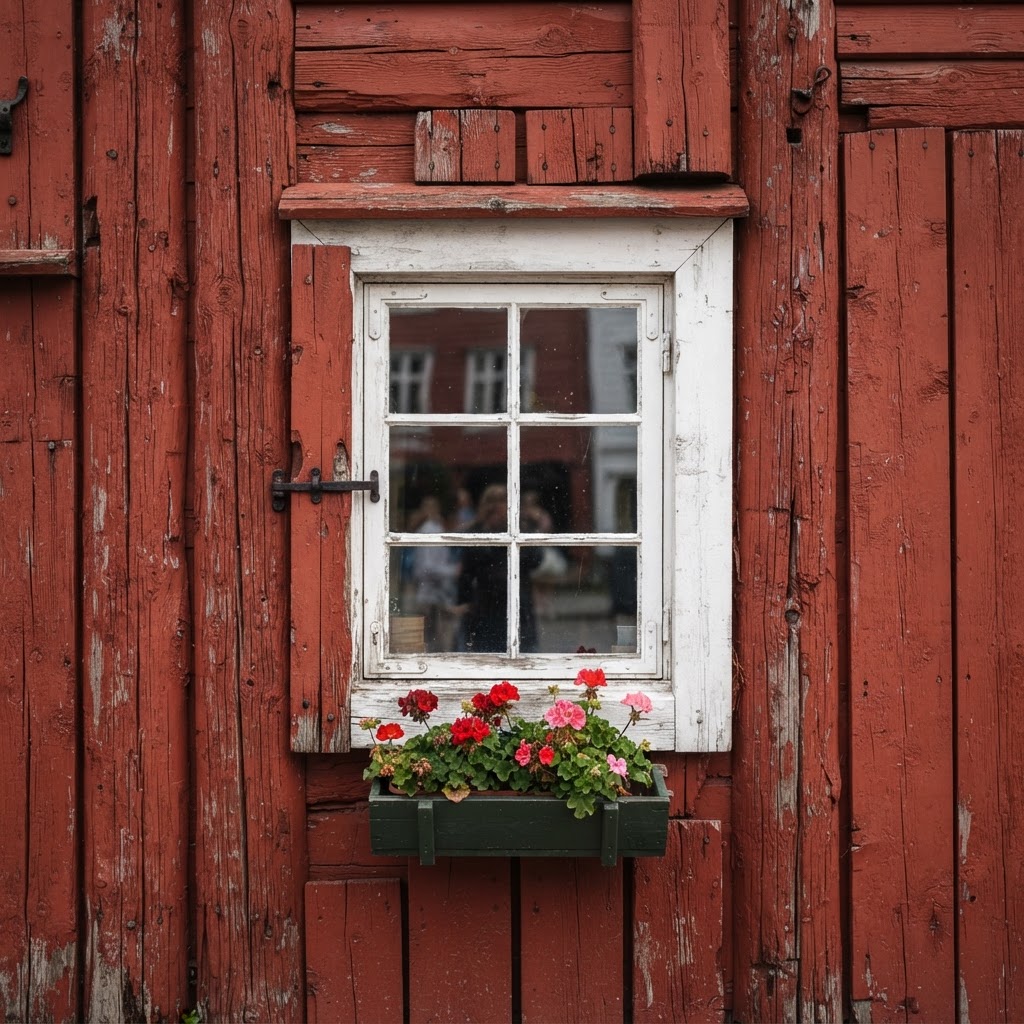 Detail of the historical wooden construction and vibrant paint of the wharf buildings.