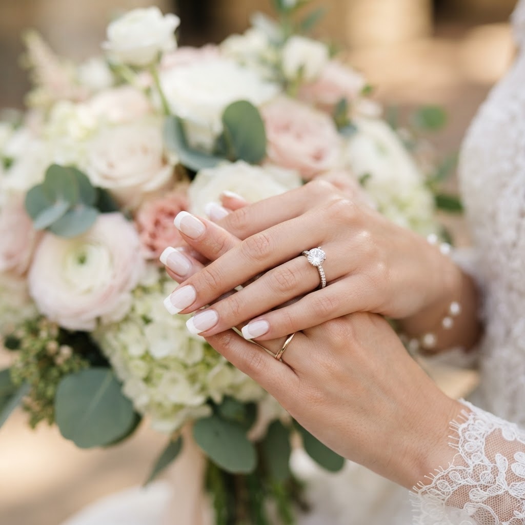 Elegant French tip press-on nails perfect for a bridal look.