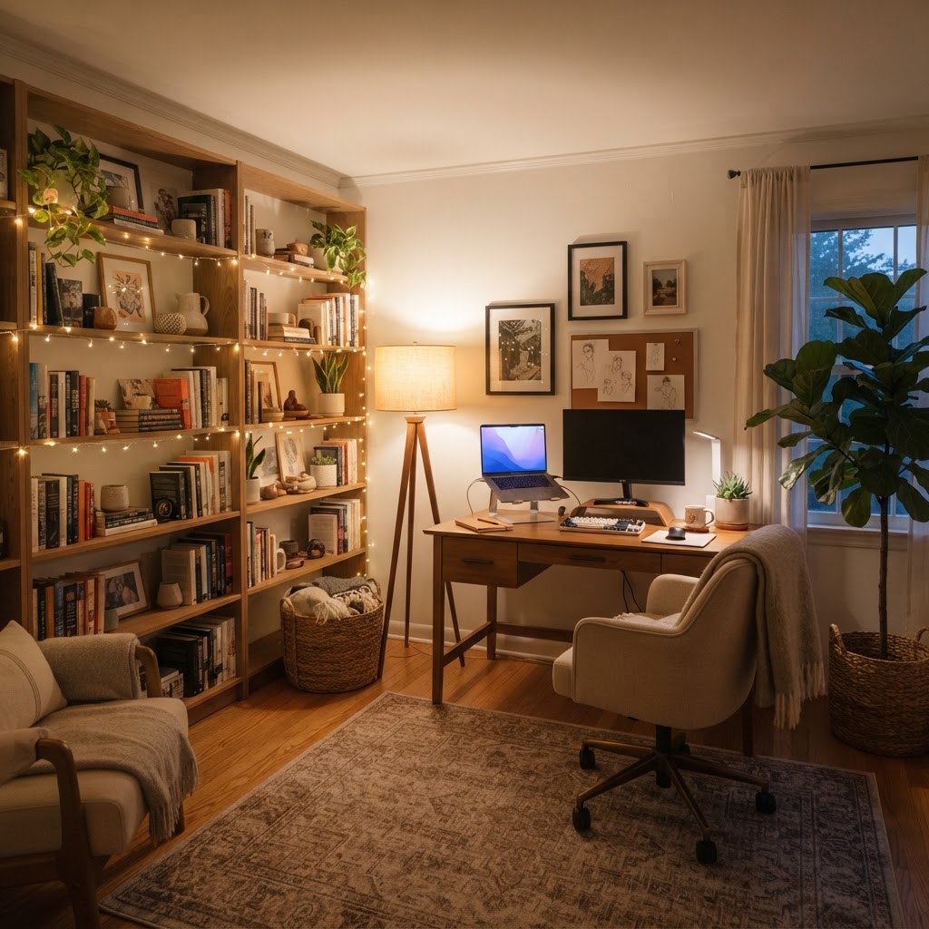 Layered lighting, including floor lamps and fairy lights, transforms a simple room into a cozy sanctuary.
