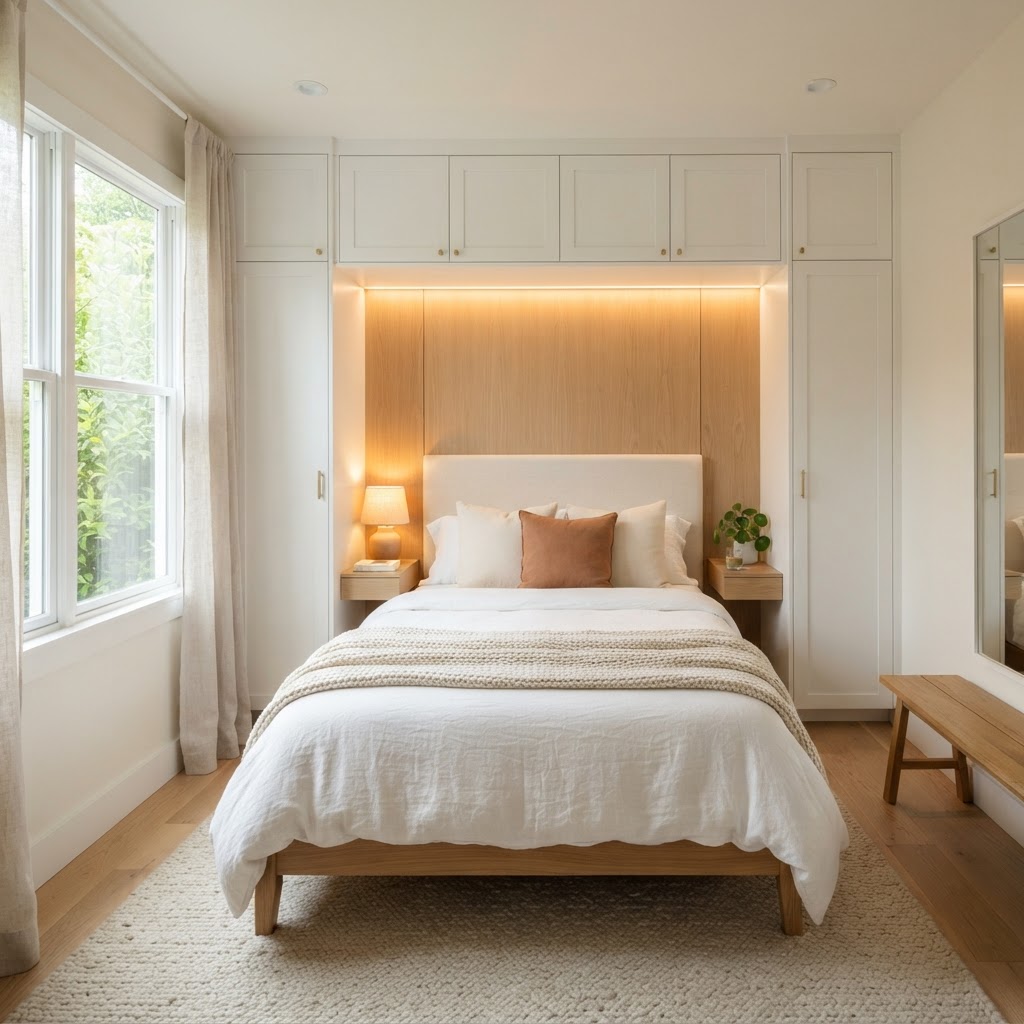 Integrated headboard storage maximizes vertical space.