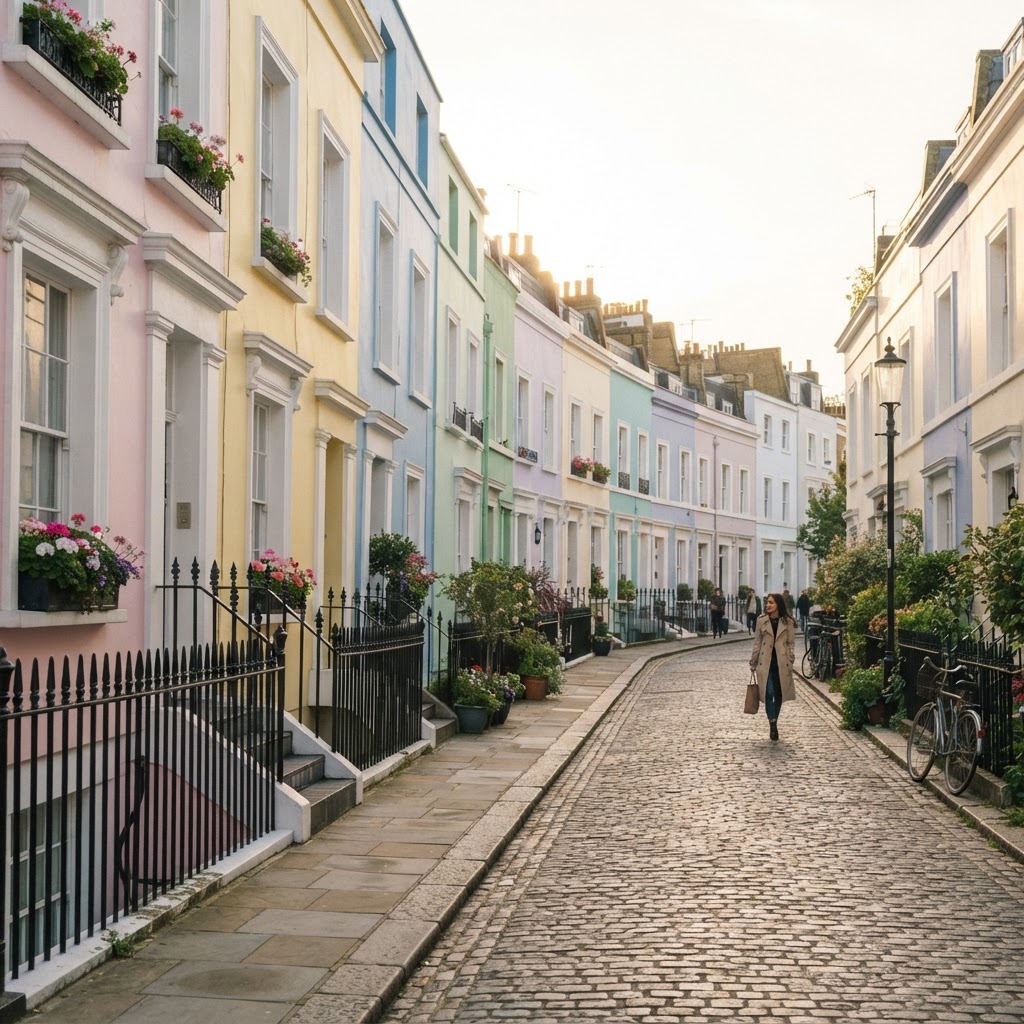 The pastel-colored streets of Notting Hill are perfect for an aesthetic afternoon stroll.
