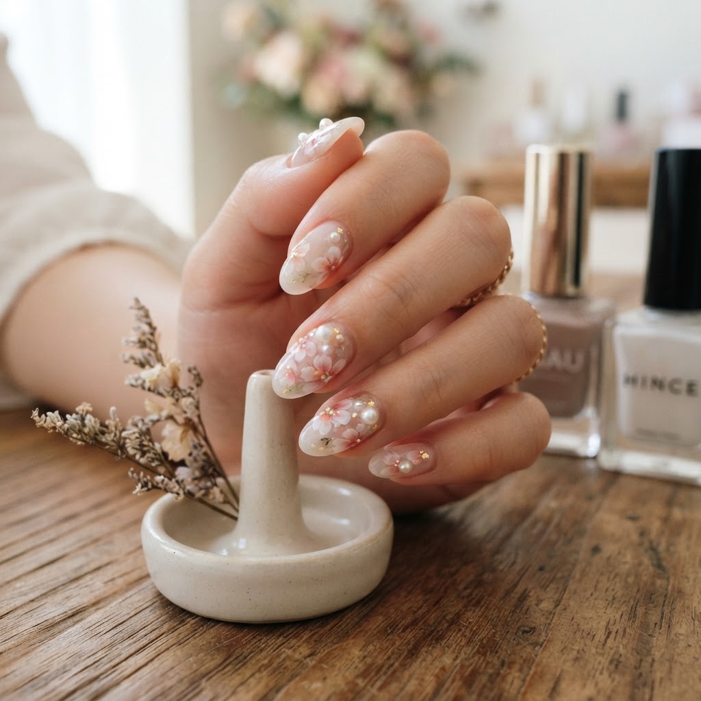 The subtle, high-gloss finish characteristic of modern Korean nail art.