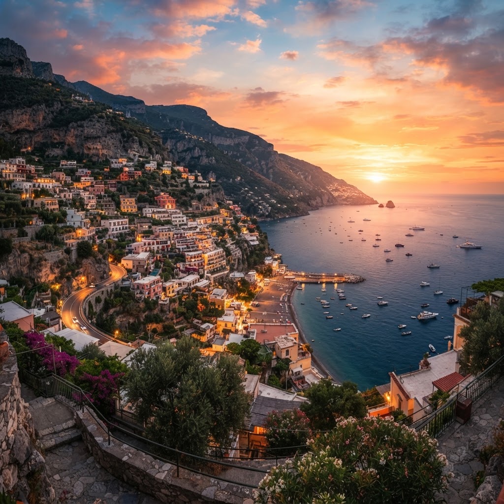 The iconic pastel buildings of Positano bathed in the golden glow of the setting sun.