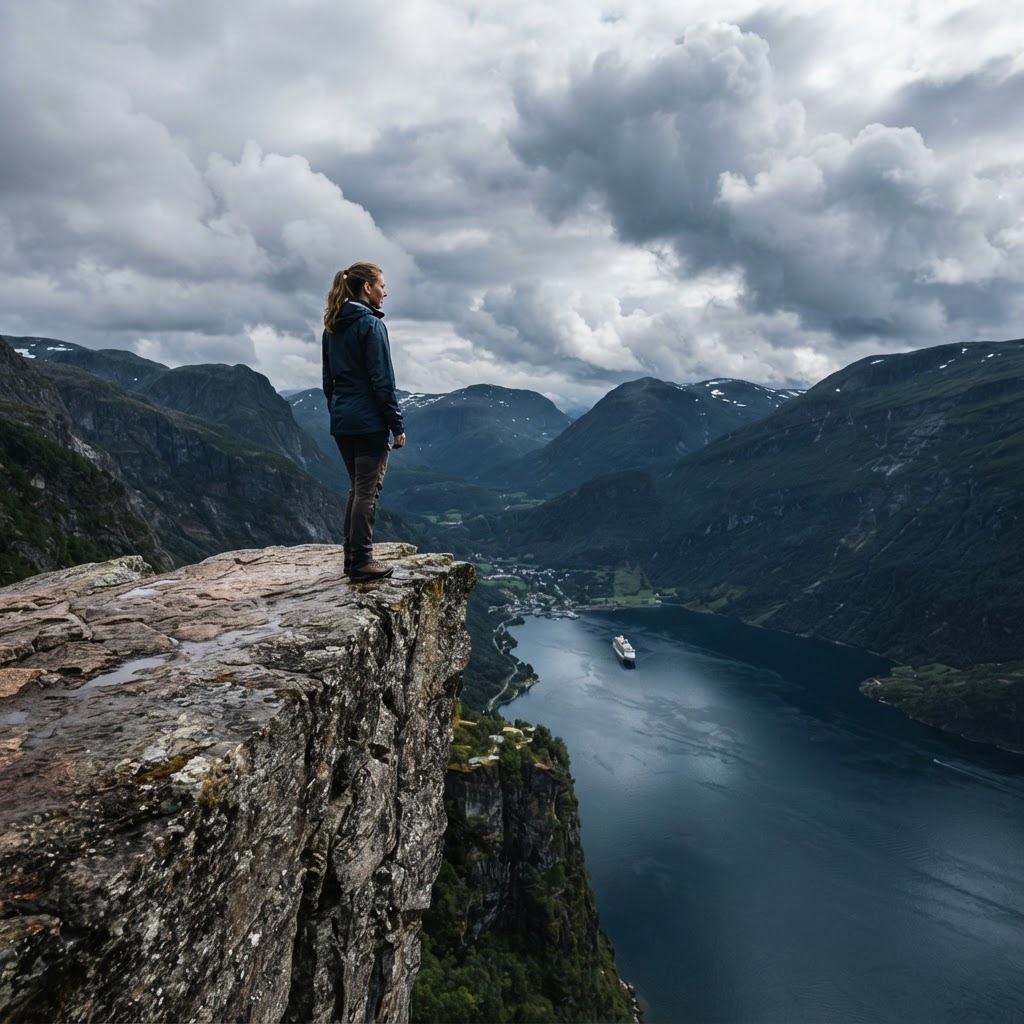 The iconic rock ledge at Flydalsjuvet offers an unparalleled perspective.