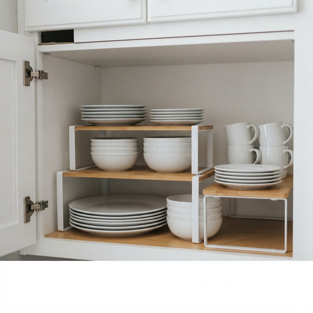 Tiered risers are a simple hack to double your cabinet storage capacity.