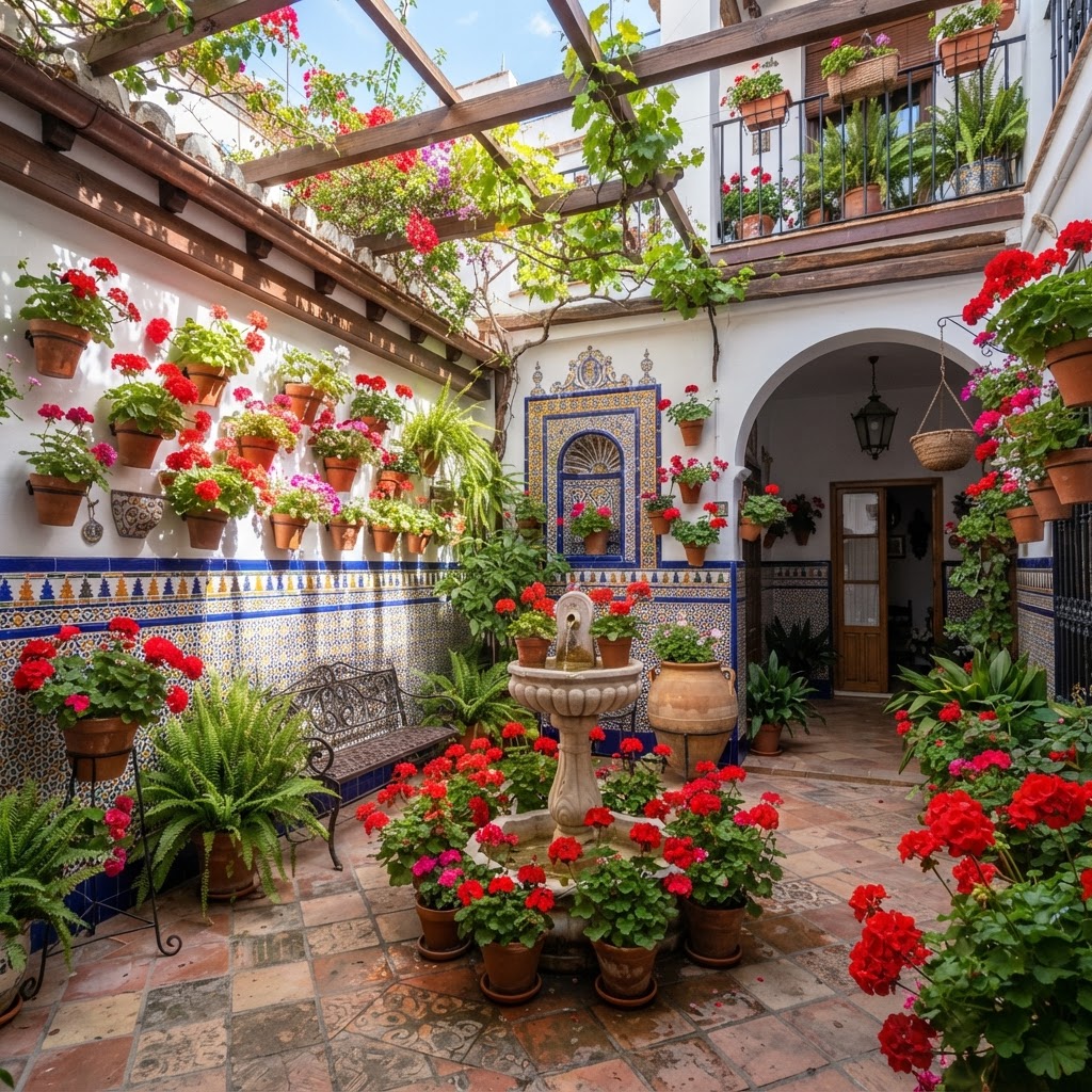 The iconic blue and white tiles of a traditional Sevillian patio.