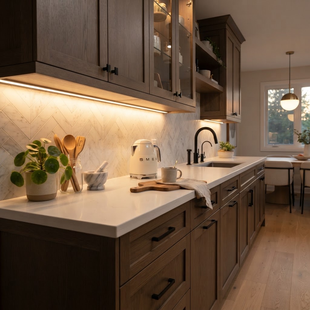 Under-cabinet LED strips instantly upgrade a basic rental kitchen.