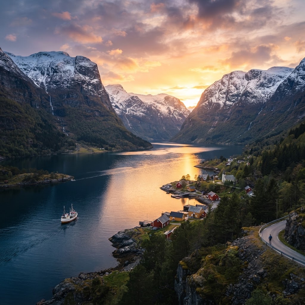 The serene beauty of a Norwegian fjord at golden hour.