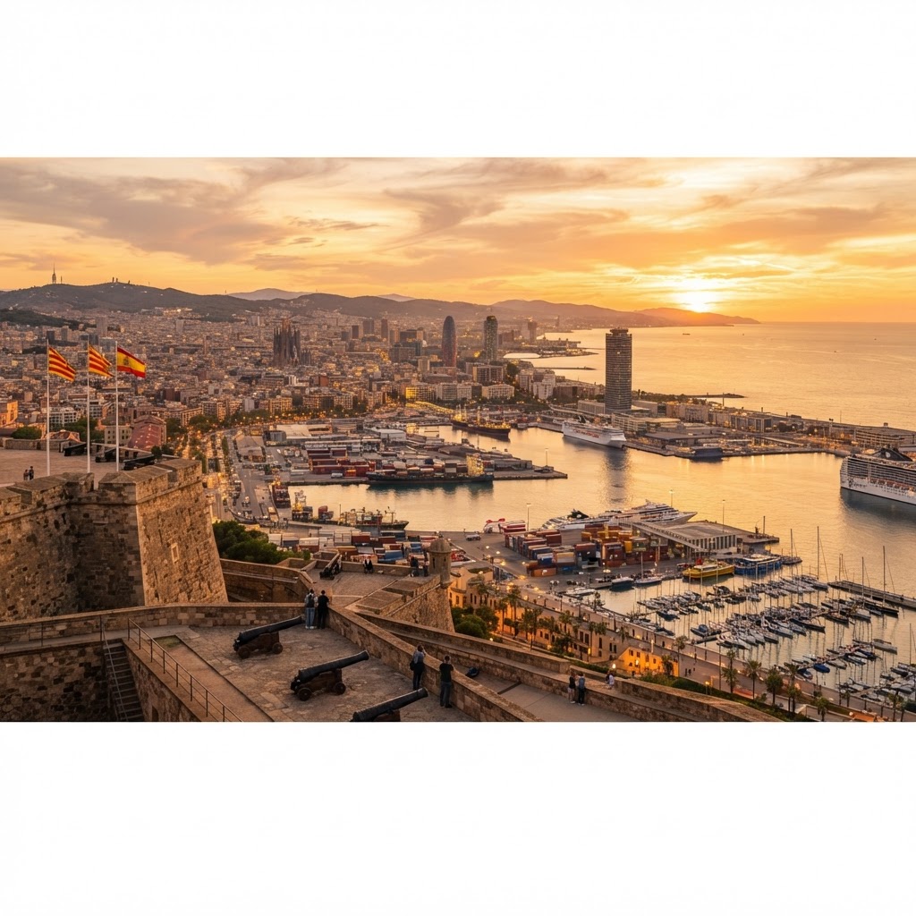 The view from Montjuic Castle connects the historic city to the busy Mediterranean port.