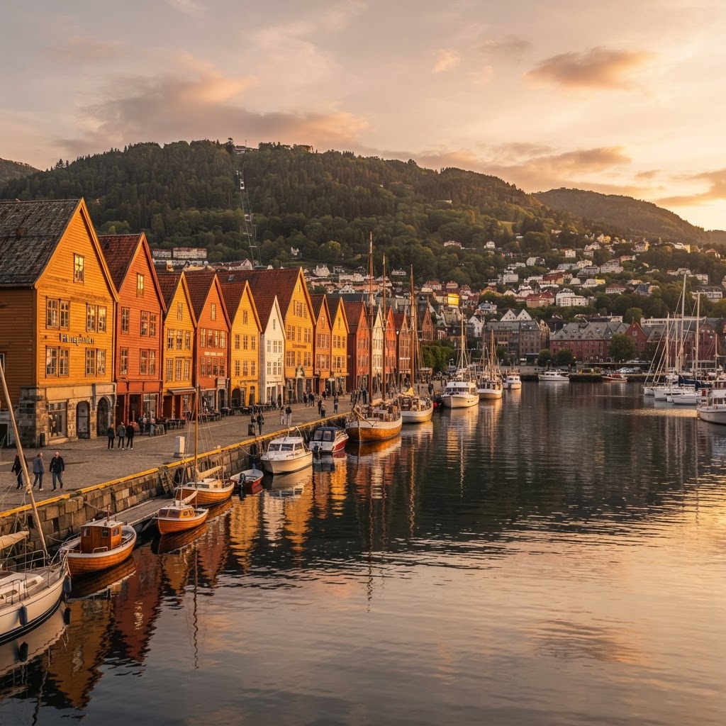 The iconic, vibrant wooden facades of Bryggen reflecting the golden evening sun.