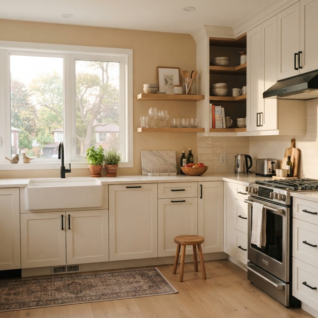 Replacing old cabinet knobs with modern matte black hardware instantly refreshes a rental kitchen.