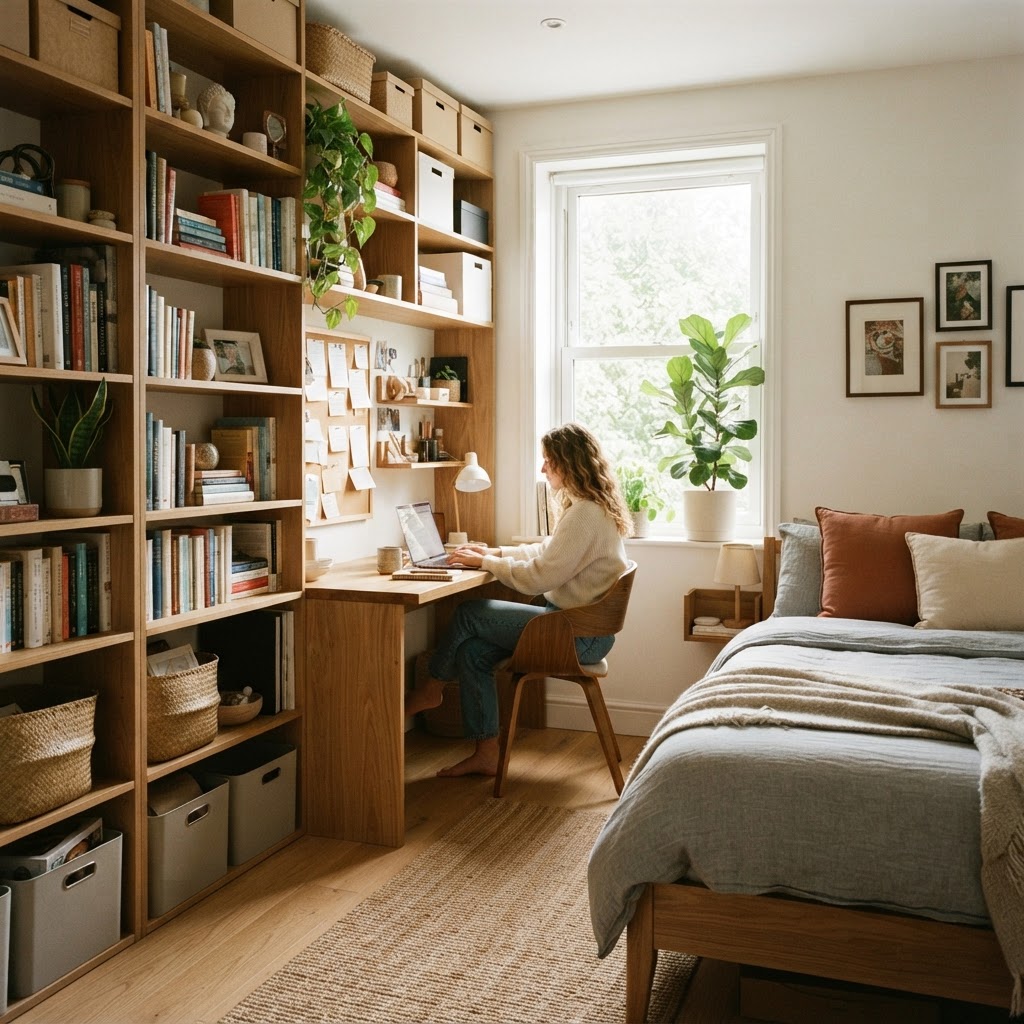 Utilizing wall space for shelving is key for small apartment storage.