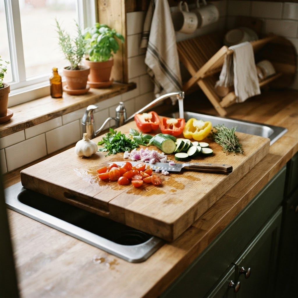 An over-the-sink cutting board is a perfect solution for adding instant prep space.