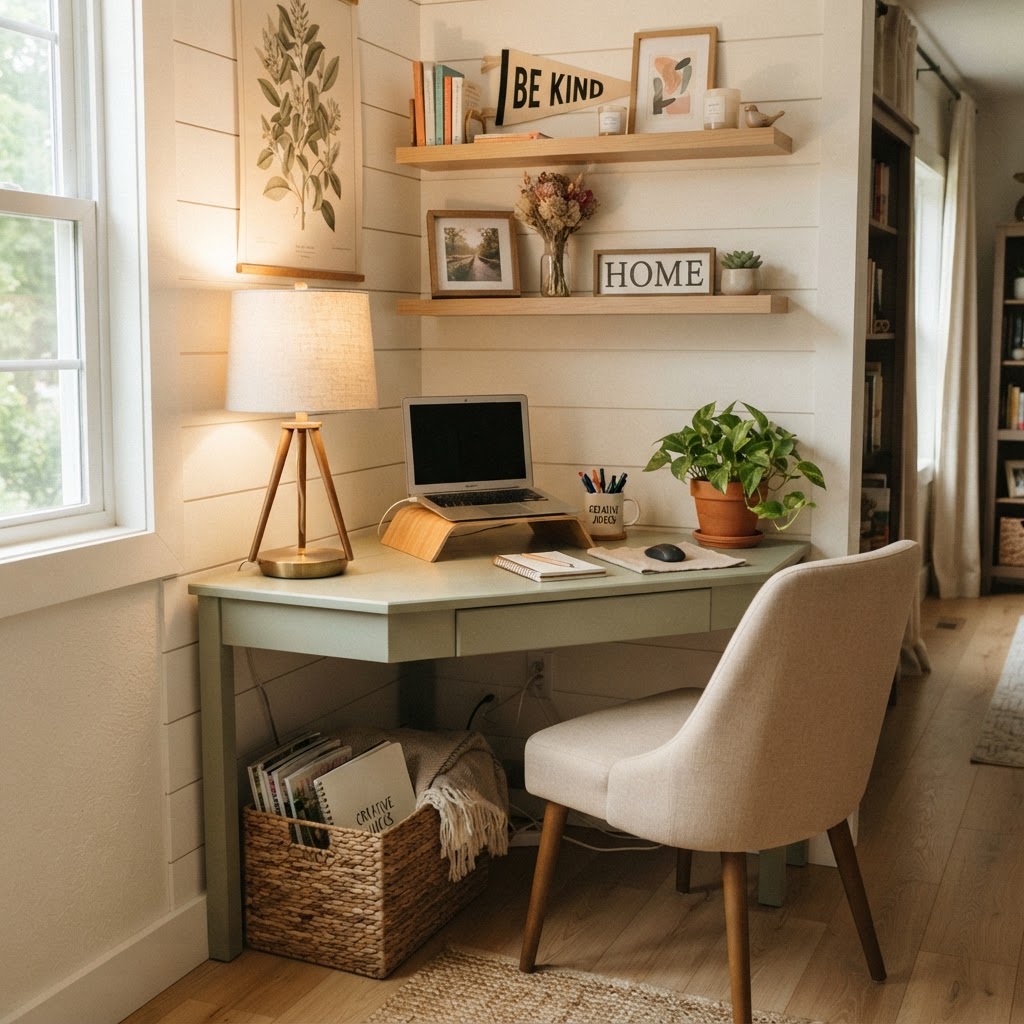 Maximize your small space with efficient vertical storage and a desk.