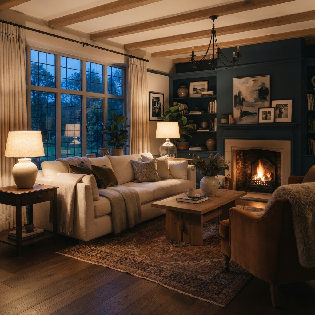 Warm, layered lighting creates an inviting atmosphere in the living room.