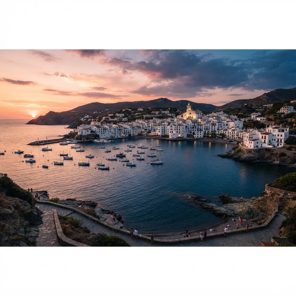 The iconic white buildings of Cadaqués reflecting in the calm bay.
