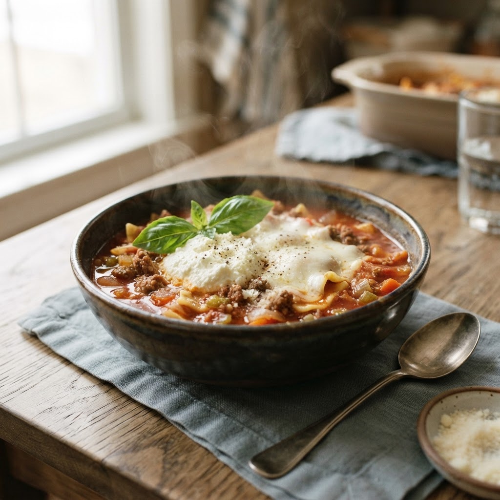 A warm, inviting bowl of Crockpot Lasagna Soup garnished with fresh cheese and herbs.