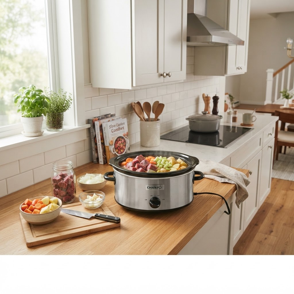 Preparing fresh ingredients for a slow cooker meal.