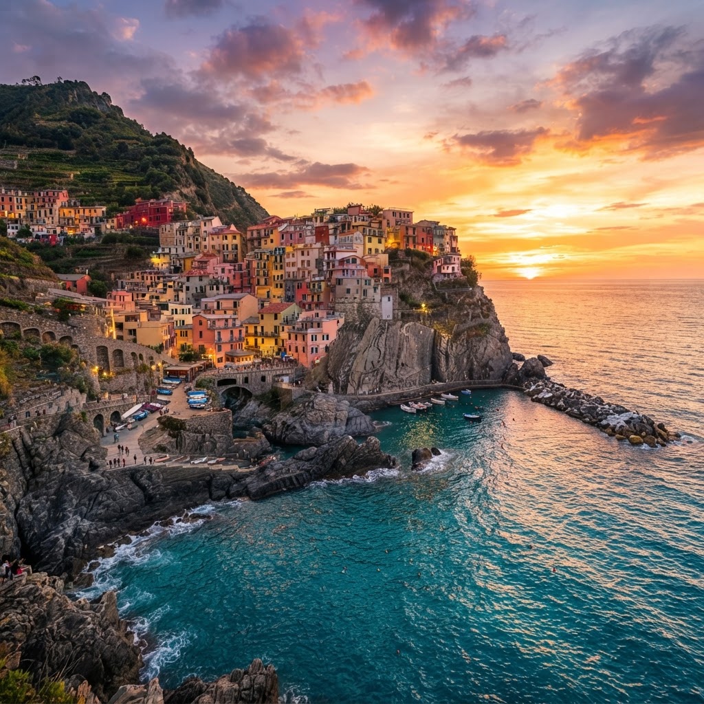 The iconic cliffside architecture of Riomaggiore bathed in the warm glow of sunset.
