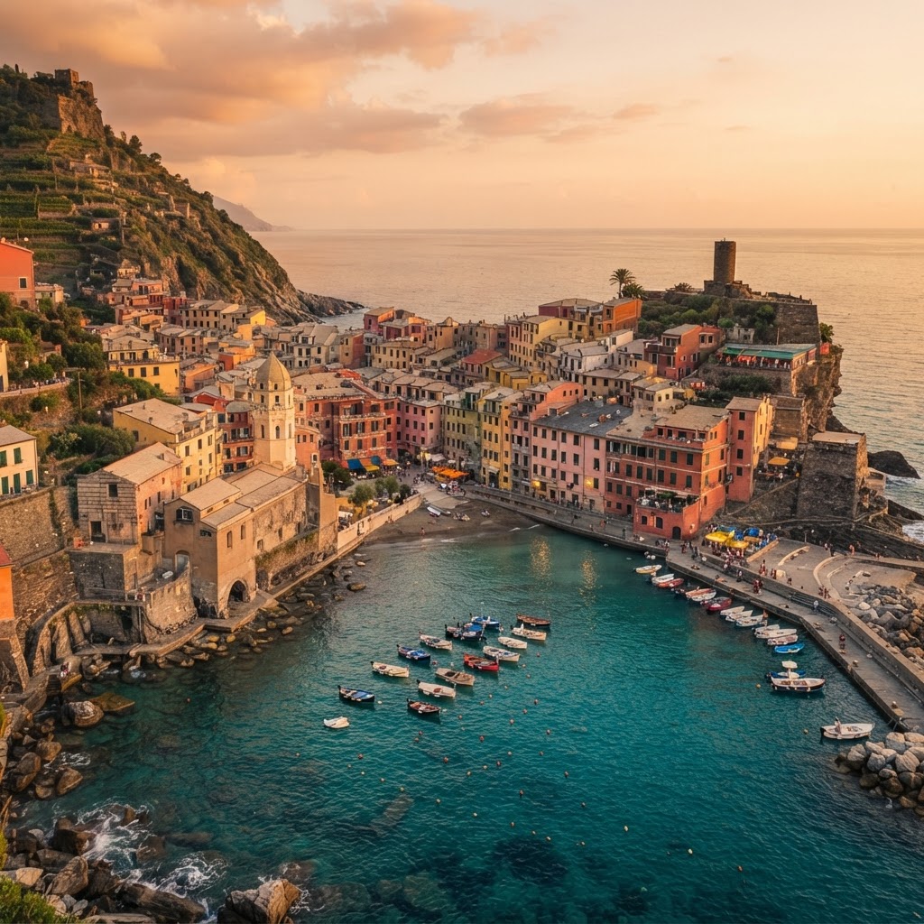 Vernazza's vibrant buildings overlooking the harbor.