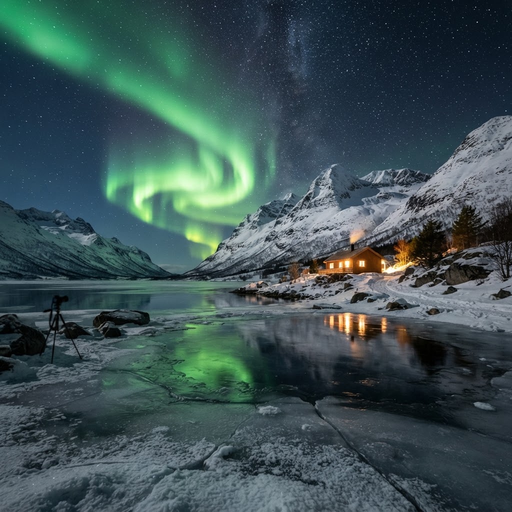 The Northern Lights create an unforgettable spectacle on a clear Norwegian winter night.