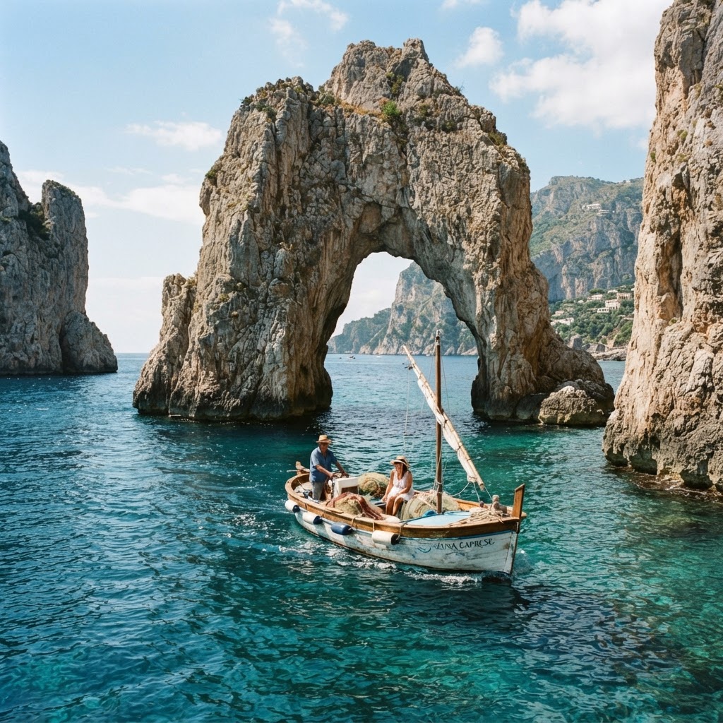 Taking a boat tour to pass through the famous natural arch.