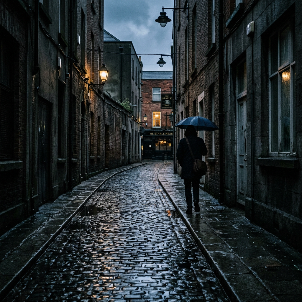 The early morning light hitting the wet cobblestones of Temple Bar creates the perfect moody atmosphere.