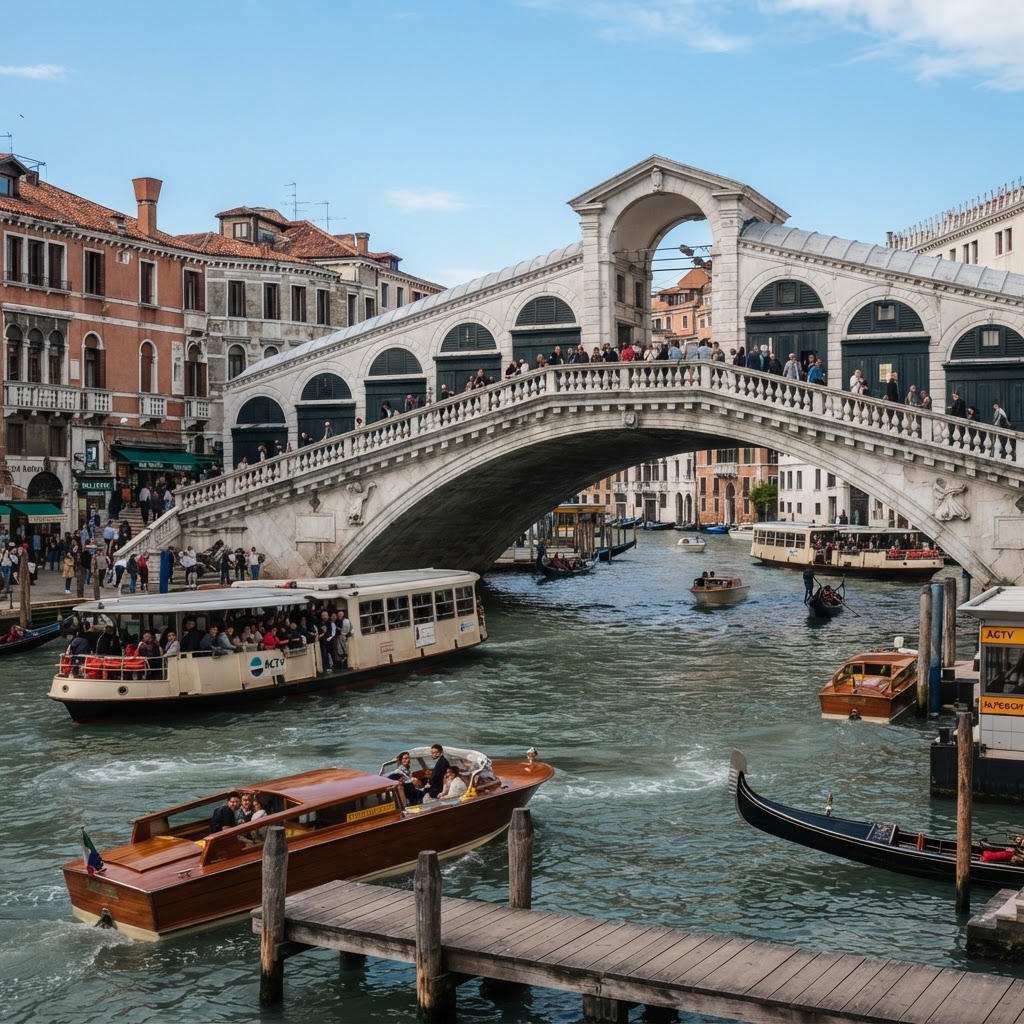 The historic Rialto Bridge, an architectural marvel at the heart of Venice.