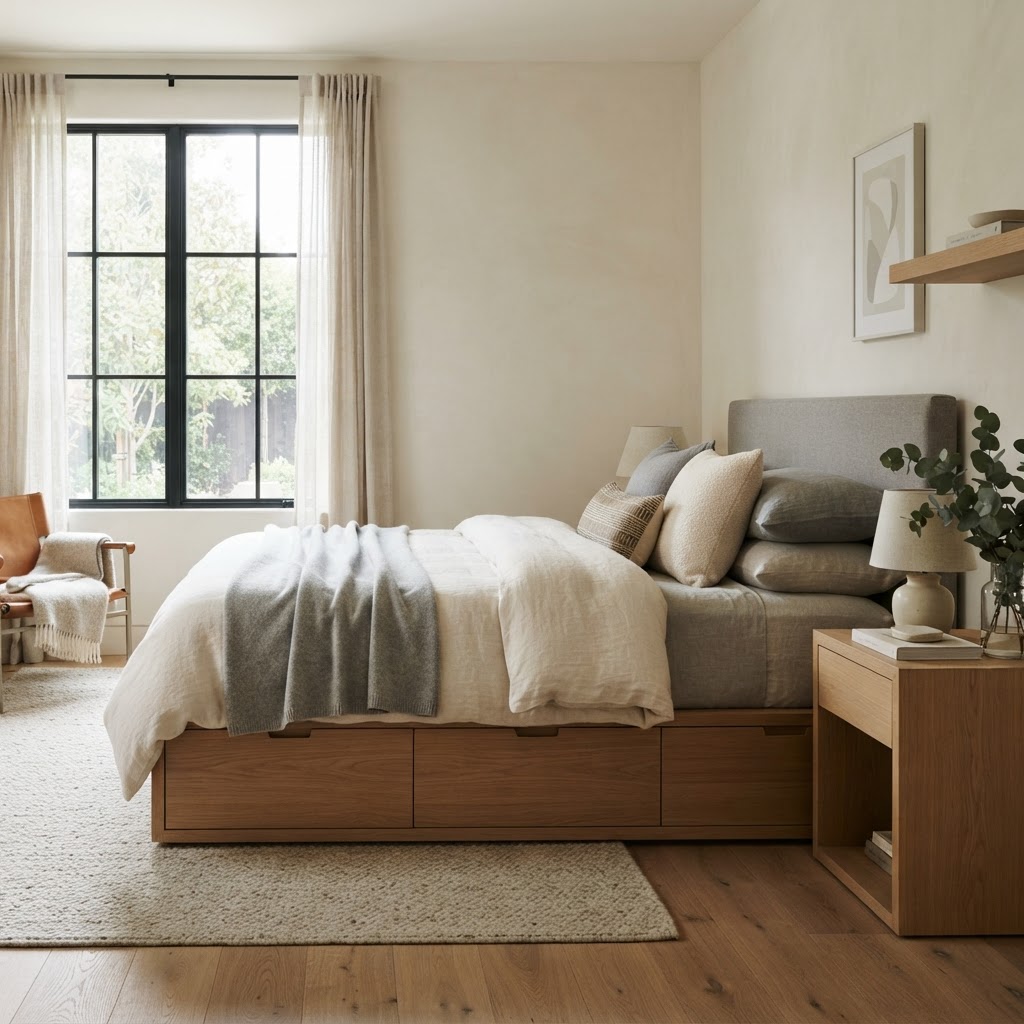 Hidden storage under the bed frame keeps seasonal items out of sight.