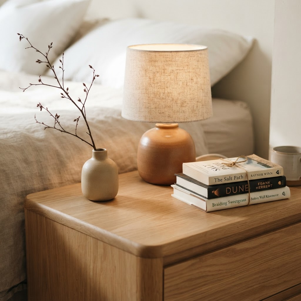 Keep nightstands clear and functional with only essential, aesthetic items.