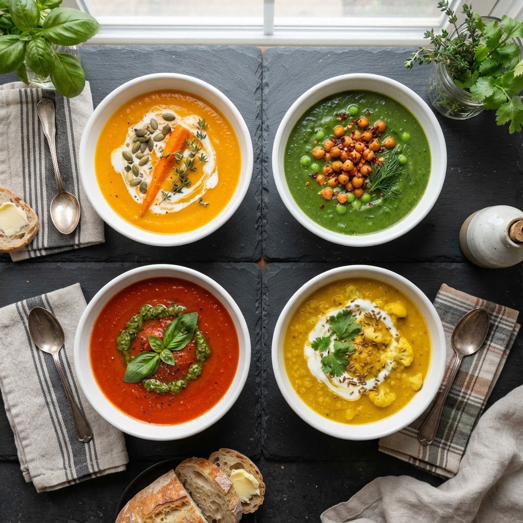 A variety of homemade slow cooker soups for meal prep.