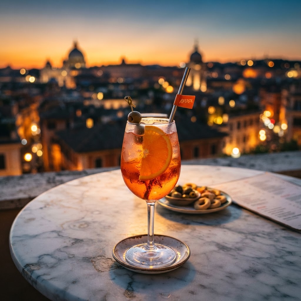 Rome’s Best Rooftop Views at Sunset: A Golden Guide 5 The perfect sunset toast: A classic Italian Aperol Spritz with a view.