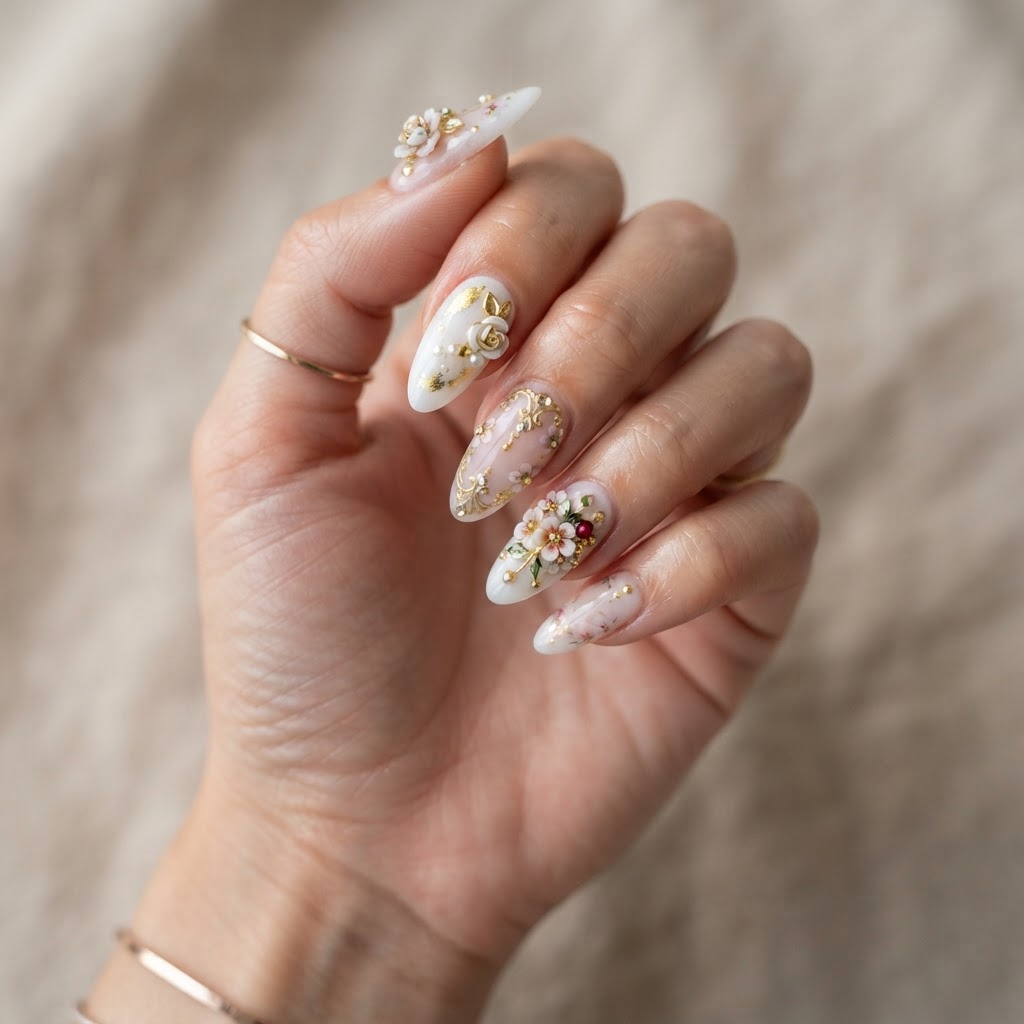 Detailed almond-shaped press-ons with intricate charms.