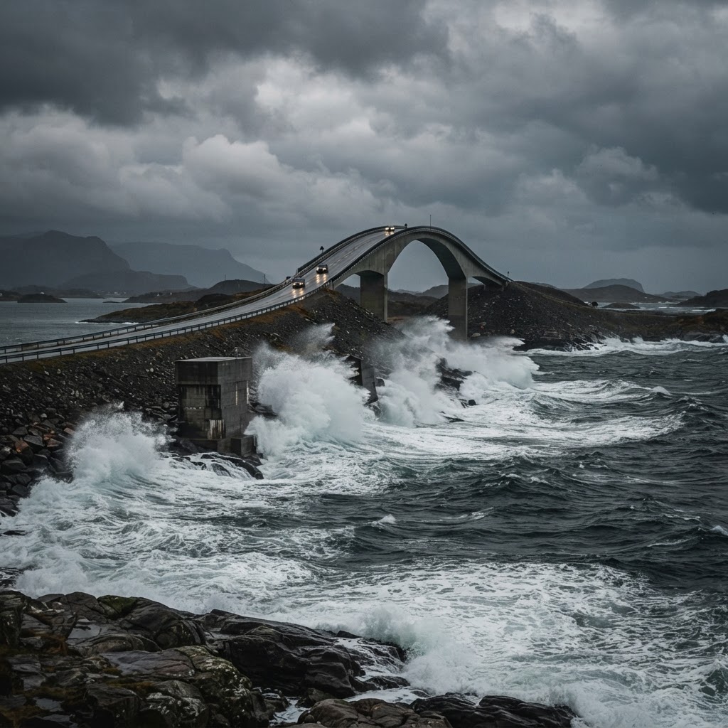 The iconic Storseisundet Bridge defying the stormy Atlantic waves.