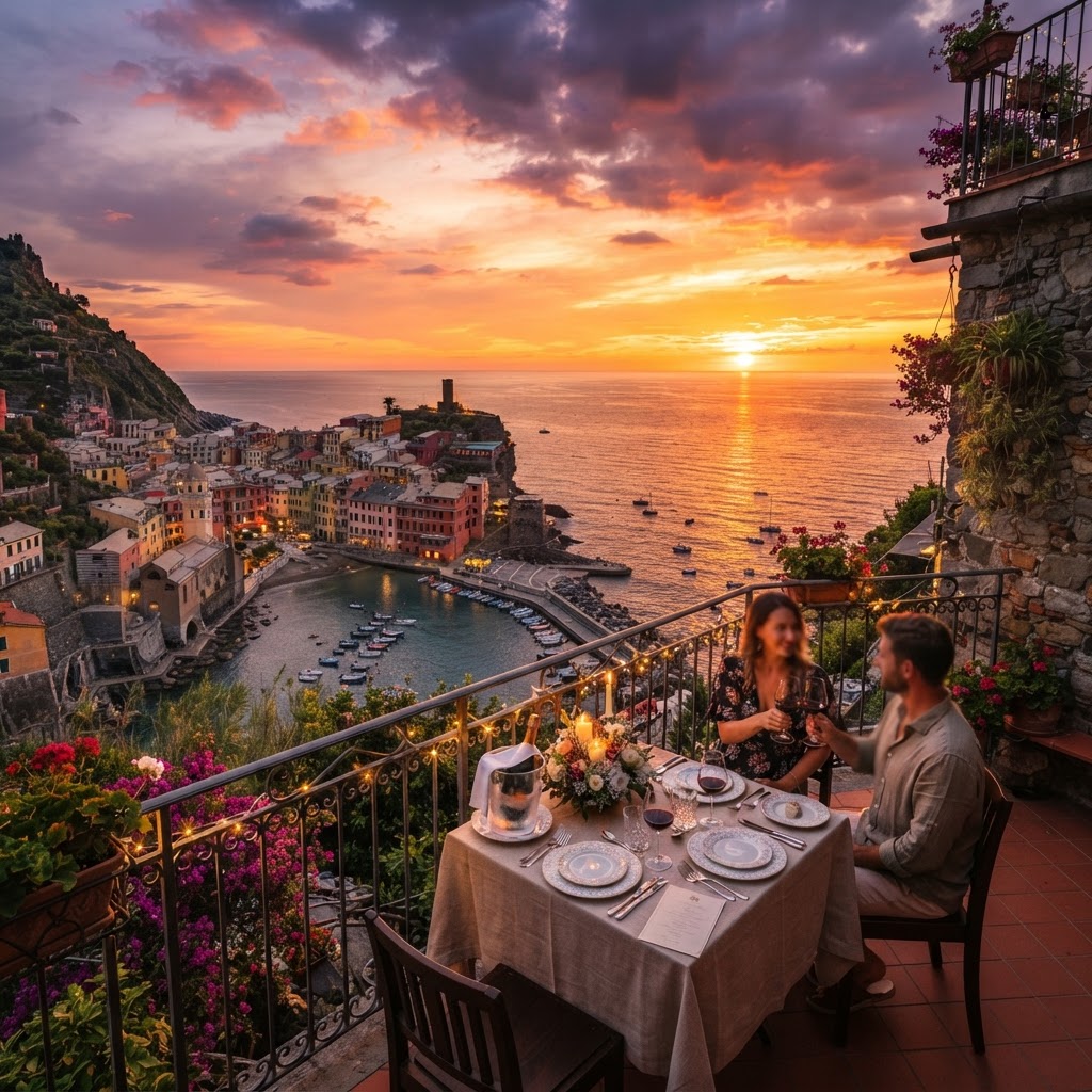 A stunning view of an Italian sunset dinner by the Mediterranean.