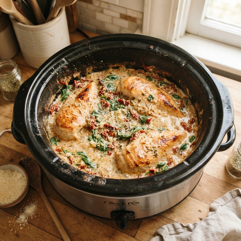 Creamy Crockpot Tuscan Chicken cooking to perfection in the slow cooker.