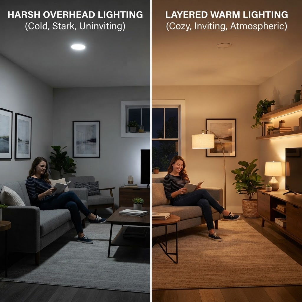 Layered lighting transforms a room from clinical to cozy.