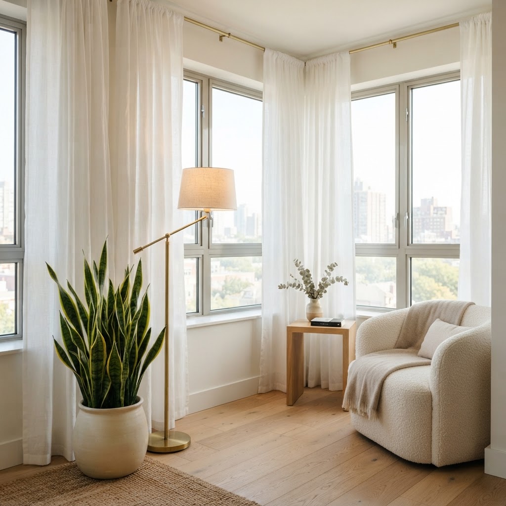 Vertical curtains and greenery add height and life.