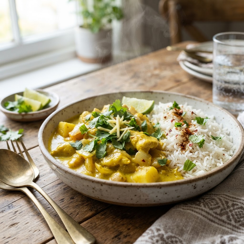 A bowl of delicious slow cooker chicken curry garnished with fresh herbs.